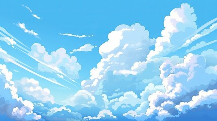 Blue sky with clouds. Anime style background with shining sun and white fluffy clouds. Sunny day sky scene cartoon vector illustration. Heavens with bright weather, generative ai