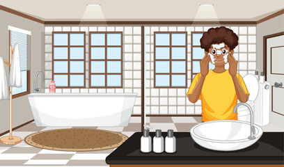 Canvas Print - A male teen cleaning face at the sink