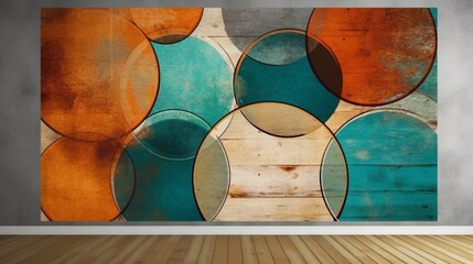 Canvas Print - Generative AI. Interior. retro circles on wood background photo, in the style of geometric shapes & patterns, dark cyan and amber