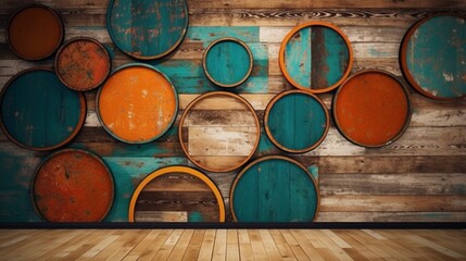 Canvas Print - Generative AI. Interior. retro circles on wood background photo, in the style of geometric shapes & patterns, dark cyan and amber