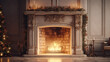 Large traditional fireplace with roaring fire. Empty mantle piece mockup shelf. Generative Ai