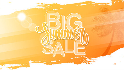 Big Summer Sale promotional banner. Summertime commercial background with hand lettering, summer sun and palm tree for business, seasonal shopping and sale advertising. Vector illustration.