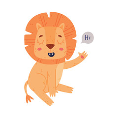 Sticker - Funny Lion Character with Mane Greeting Saying Hi Vector Illustration