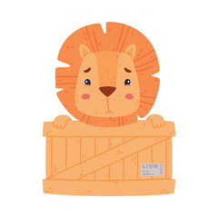 Canvas Print - Funny Lion Character with Mane Sitting in Wooden Crate with Sad Face Vector Illustration