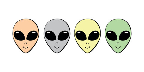 Wall Mural - Vector multicolored alien heads with big eyes in doodle flat style. Simple color set illustrations, icons, clip arts on theme of UFO, space, kids design