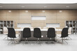 © Who is Danny - Front view on modern light conference table surrounded by stylish chairs on light concrete floor in spacious meeting room with wooden wall background and high white ceiling. 3D rendering