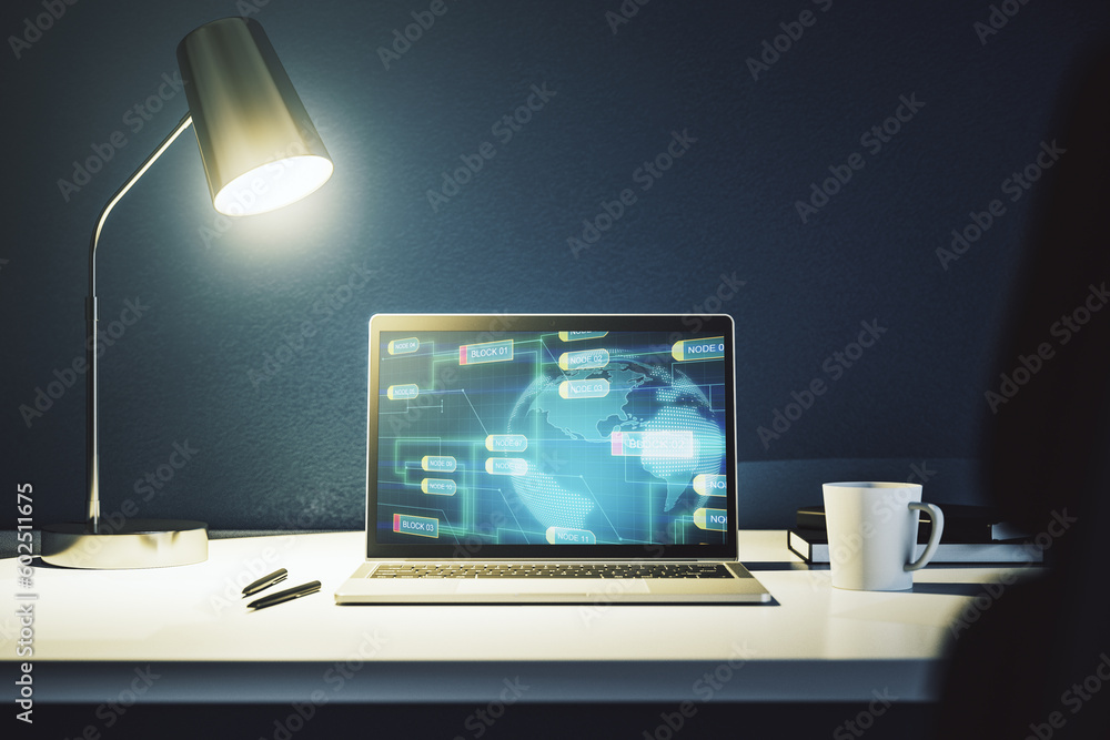 Modern computer display with abstract programming language hologram and ...