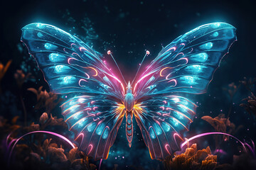 Wall Mural - beautiful glowing fantasy butterfly in a magical landscape, Generative AI