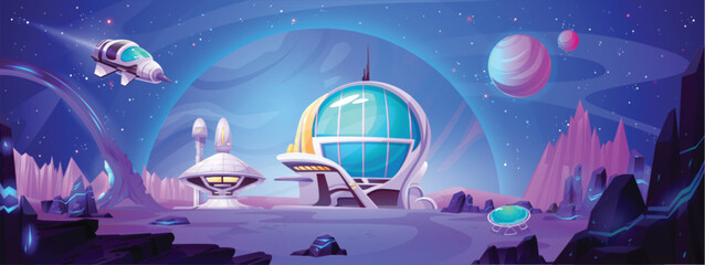 Wall Mural - space station building on planet vector landscape. futuristic spaceship on mars city base cartoon ba