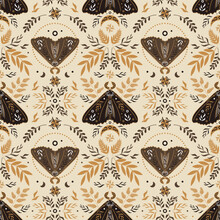 Natural Magic Motif In Scandinavian Folk Style. Vintage Illustration. Seamless Pattern With Butterflies, Ferns And Other Forest Herbs. Fairy Forest. In Earthy Tones. For Printing On Fabric, Wallpaper