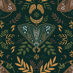 Natural magic motif in Scandinavian folk style. Vintage illustration. Seamless pattern with butterflies, ferns and other forest herbs. Fairy forest. For printing on fabric, wallpaper