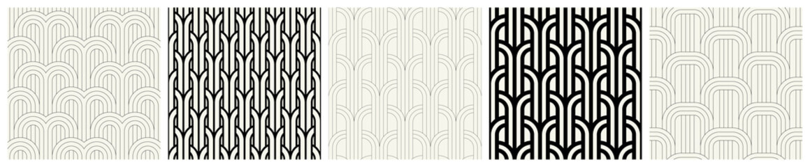 Vector seamless patterns set. Stylish linear ornaments. Geometric backgrounds with thin and bold arches. Regular monochrome swatches. Art deco tileable grids.