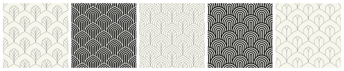 Vector seamless patterns set. Stylish linear ornaments. Geometric striped backgrounds with arches. Art deco thin monochrome swatches. Tileable prints with linear pointed arches.