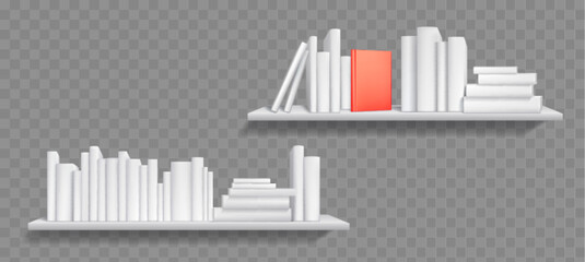 White blank 3d book shelf cover library mockup. Realistic vector wall bookshelf mock up isolated on transparent background. Office or store presentation with series or education literature template