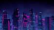 Futuristic City Skyline with Blue and Pink Neon lights. Night scene with Visionary Skyscrapers.
