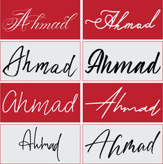 Ahmad Handwritten signature. Manual signatures, manuscript sign for documents and hand drawn autograph lettering isolated vector set