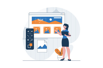 Leinwandbilder - Web development concept with character scene. Woman creating graphic elements and placing content at layouts. People situation in flat design. Vector illustration for social media marketing material.