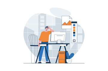 Leinwandbilder - Web development concept with character scene. Man creating graphic elements and working with drawing tools. People situation in flat design. Vector illustration for social media marketing material.