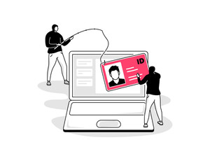 Leinwandbilder - Illustration of identity fraud symbol with two hackers stealing someone personal information from his computer.