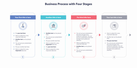 Aufkleber - Business process infographic with four colorful stages. Flat presentation template with minimalistic icons and place for your content.