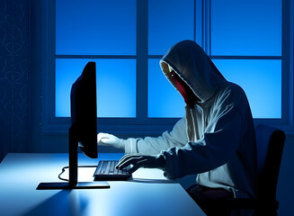 Wall Mural - Modernized hacker with hoodie. Concept of dark web, cybercrime, cyberattack. AI generated image