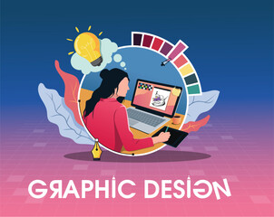 Professional graphic designer working on a laptop on an idea with colorful palette and drawing tab. Good for designing posters related to gfx can be printed as a sticker to put on stationary as a logo