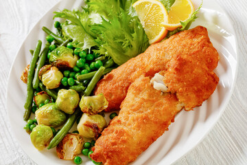 Wall Mural - Crispy Beer Batter Cod Fish with green  vegetables