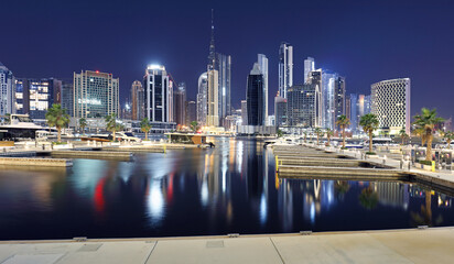 Poster - Panoramic view of Dubai Creek and night city skyline, United Arab Emirates, night Dubai ultra modern skyline