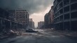 © Iconikum - A dark and dreary abandoned city with broken buildings and a broken path. A post-apocalyptic scene of the future, where all hope is lost