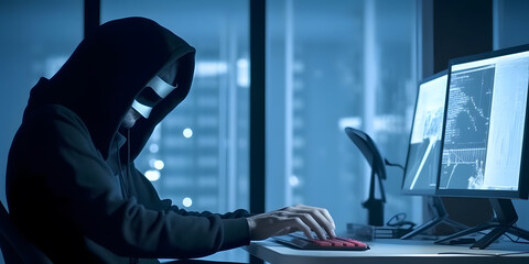 Wall Mural - Hacker with hoodie. Concept of dark web, cybercrime, cyberattack. AI generated image