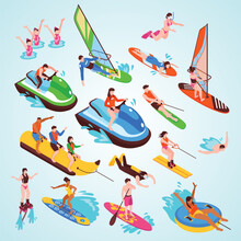 Isometric Set Summer Water Active Recreation So As Banana Boat Surfing Windsurfing Jet Skiing Flyboarding Isolated