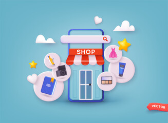 Online shopping on application and website concept, digital marketing online, shopping cart with new items on smartphone screen. 3D Web Vector Illustrations.