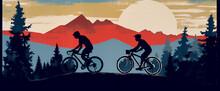 Cycling Background Banner Illustration. People Riding Bike In Mountain Scenery With Copy Space,  Created Using Generative AI Tools.