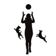 Vector silhouette of woman with her happy dogs on white background.