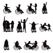 © majivecka - Set of vector silhouette of a child sitting in a wheelchair on a white background.