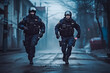 © VisualProduction - Two police officers run after suspect. Heroin dealer being chased by police officers. Fighting crime concept. Generative AI