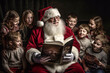 A chubby Santa Claus with a white beard sits in a chair surrounded by a group of children. He is holding a storybook and is reading it to the children with a smile on his face - ai generative