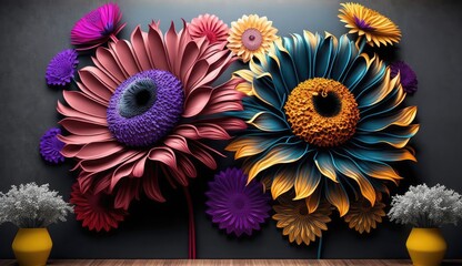 Wall Mural - Living room interior with 3d colorful wall art flowers, decor on a large wall