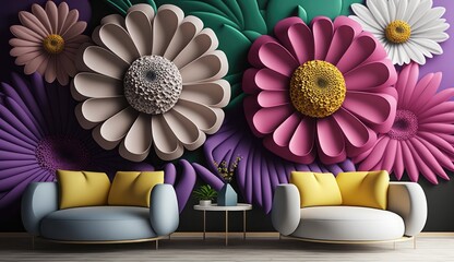 Wall Mural - Living room interior with 3d colorful wall art flowers, decor on a large wall