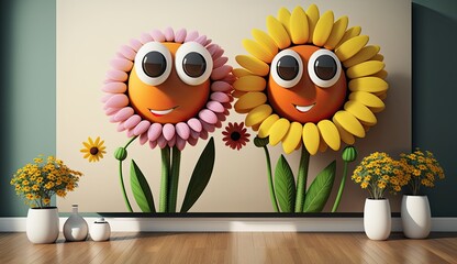 Wall Mural - Cute funny smail flowers background, Cartoon papercut style cute floral background illustration, funny flowers hd wallpaper