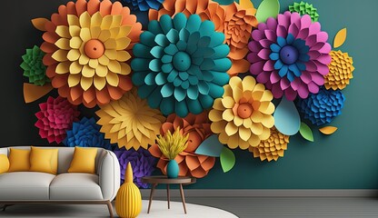 Wall Mural - Living room interior with 3d colorful wall art flowers, decor on a large wall