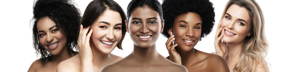 Wall Mural - multi-ethnic diversity and beauty. group of different ethnicity women with beautiful white smiles.