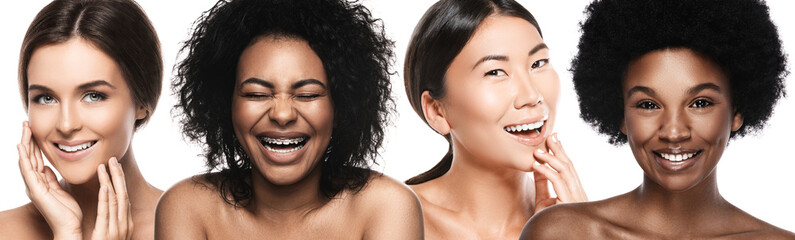 Wall Mural - multi-ethnic diversity and beauty. group of different ethnicity women with beautiful white smiles.
