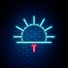 Wall Mural - Glowing neon line Sunrise icon isolated on brick wall background. Colorful outline concept. Vector