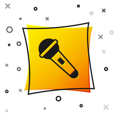 Poster - Black Microphone icon isolated on white background. On air radio mic microphone. Speaker sign. Yellow square button. Vector