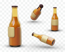 3D Glass Bottle, View From Different Angles. Element For Web Design, Advertising Creation, Mobile Application Design. Color Filled Bottle With Blank Label. Beer Themed Set