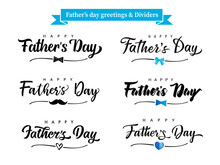 Set Of Fathers Day Holiday Greetings And Dividers Shape. Happy Father's Day Vector Design Concept With A Blue Bow, Moustache And Hearts