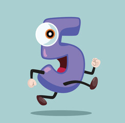 Number Five Character Running Fast Vector Cartoon Illustration. Fifth place winner in a running race of sports
