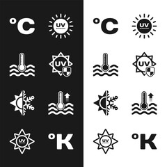 Sticker - Set UV protection, Water thermometer, Celsius, Sun and snowflake, Kelvin and icon. Vector