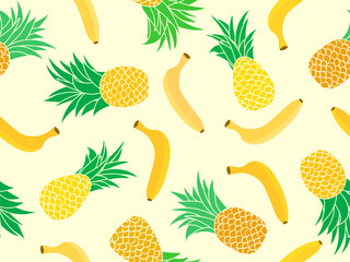 Wall Mural - Seamless pattern with pineapples and bananas. Tropical summer background with bananas and pineapples. Design for print, banners and promotional items. Vector illustration